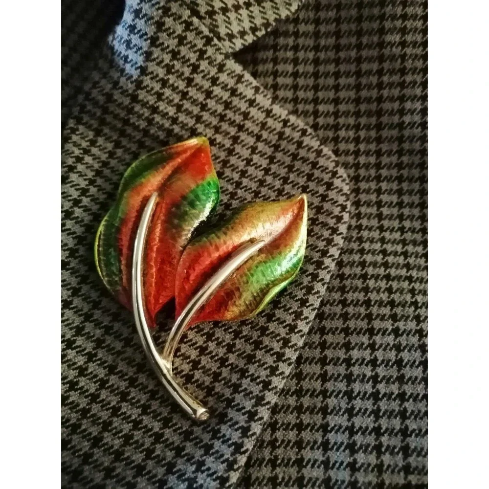 Vintage Hedy Brooch Texture Gold Red Green Leaf Brooch Statement Signed Rare